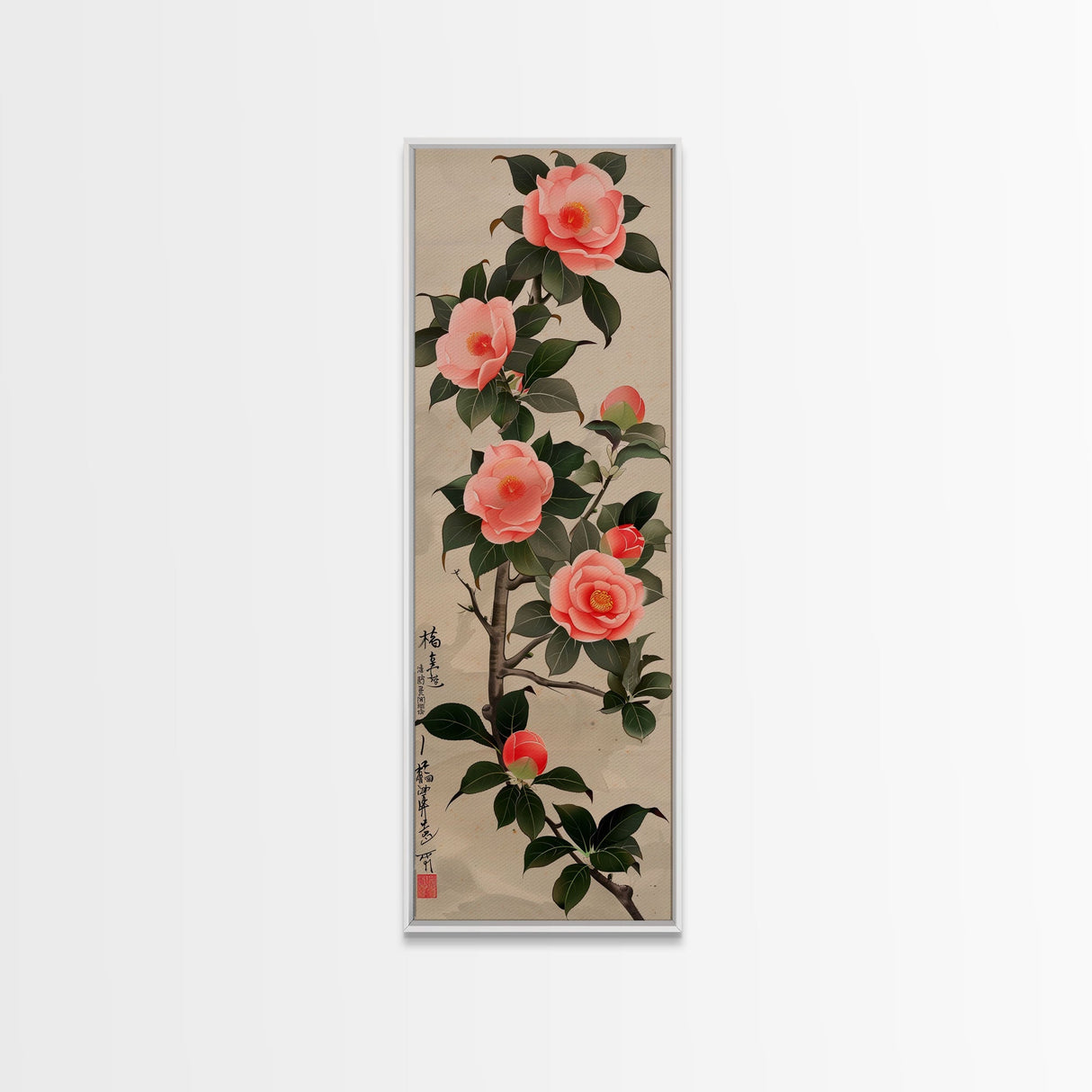 Framed Canvas Print Of Japanese Floral Art With Camellia Blossoms And Detailed Leaves Ready To Hang Traditional Japanese Wall Art Decor
