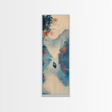 Serene Japanese Landscape Framed Canvas Print Featuring A Calm River Scene With Boat And Misty Mountains, Traditional Wall Art, Ready To Hang
