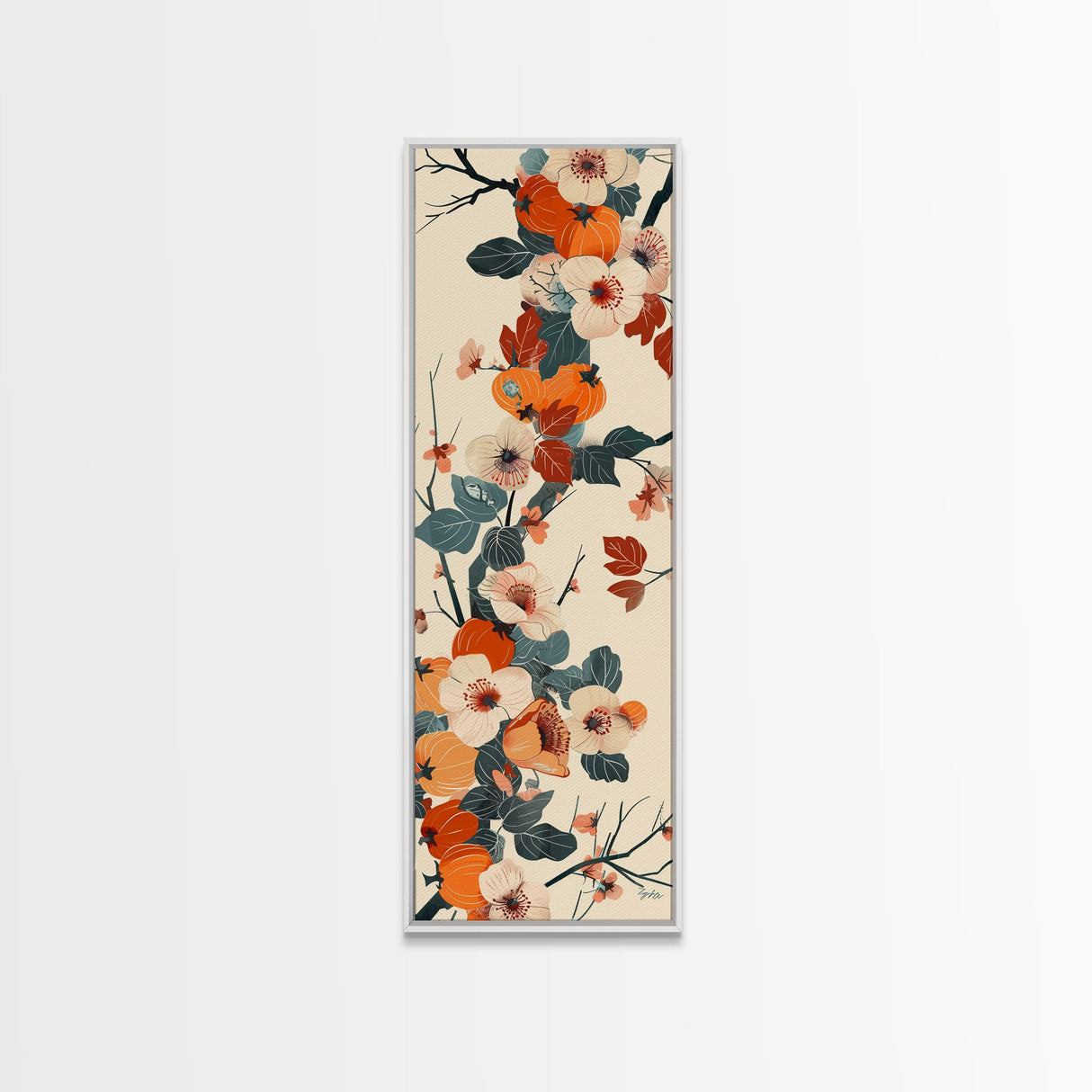 Skinny Art of Persimmon Branch with Delicate White Flowers – Japanese-Inspired Framed Canvas Print