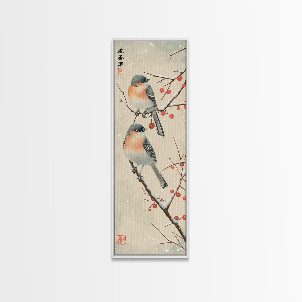 Pair of Birds on Snowy Branches, Japanese Art Framed Canvas Print, Tall and Skinny Wall Art in Ukiyo-e Style