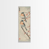 Pair of Birds on Snowy Branches, Japanese Art Framed Canvas Print, Tall and Skinny Wall Art in Ukiyo-e Style
