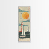 Sailboats Under the Sun, Retro Japanese Art Style Framed Canvas Print, Tall Skinny Art with a Vintage Touch