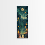 Framed Canvas Print Of A Nighttime Japanese Festival Scene With Lanterns And Pine Trees, Traditional Wall Art Ready To Hang