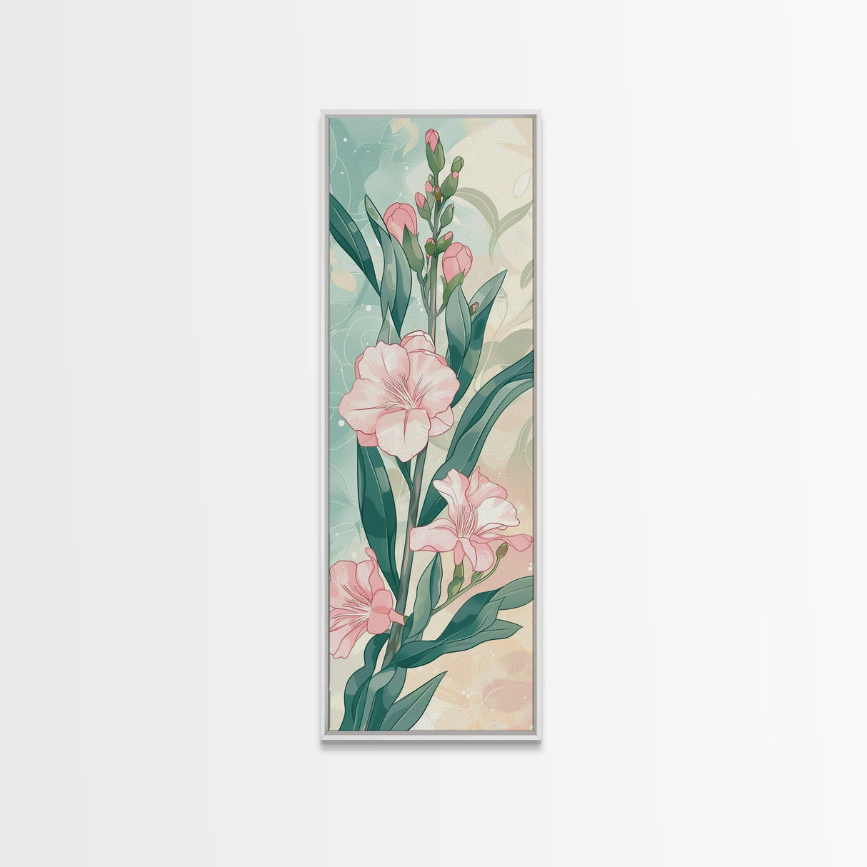 Skinny Art Pink Oleander Flowers In Japanese Style Wood Block Print Elegant Pastel Hues On Framed Canvas Print, Tall Art Ukiyo-e
