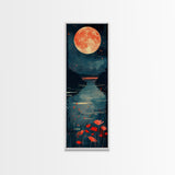 Skinny Art Full Moon Over Lake In Japanese Style Wood Block Print Vibrant Night Scene On Framed Canvas Print, Tall Art Ukiyo-e