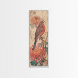 Singing Bird Amid Chrysanthemums Soft Pastels Skinny Art Tall Art Framed Canvas Print Japanese Style Art Ukiyo-e Art Wood Block Print Floral