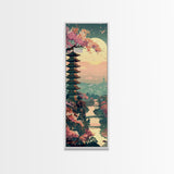 Japanese Pagoda Among Sakura Trees Under Yellow Moon Tall Art Skinny Art Framed Canvas Print Japanese Style Art Ukiyo-e Wood Block Print
