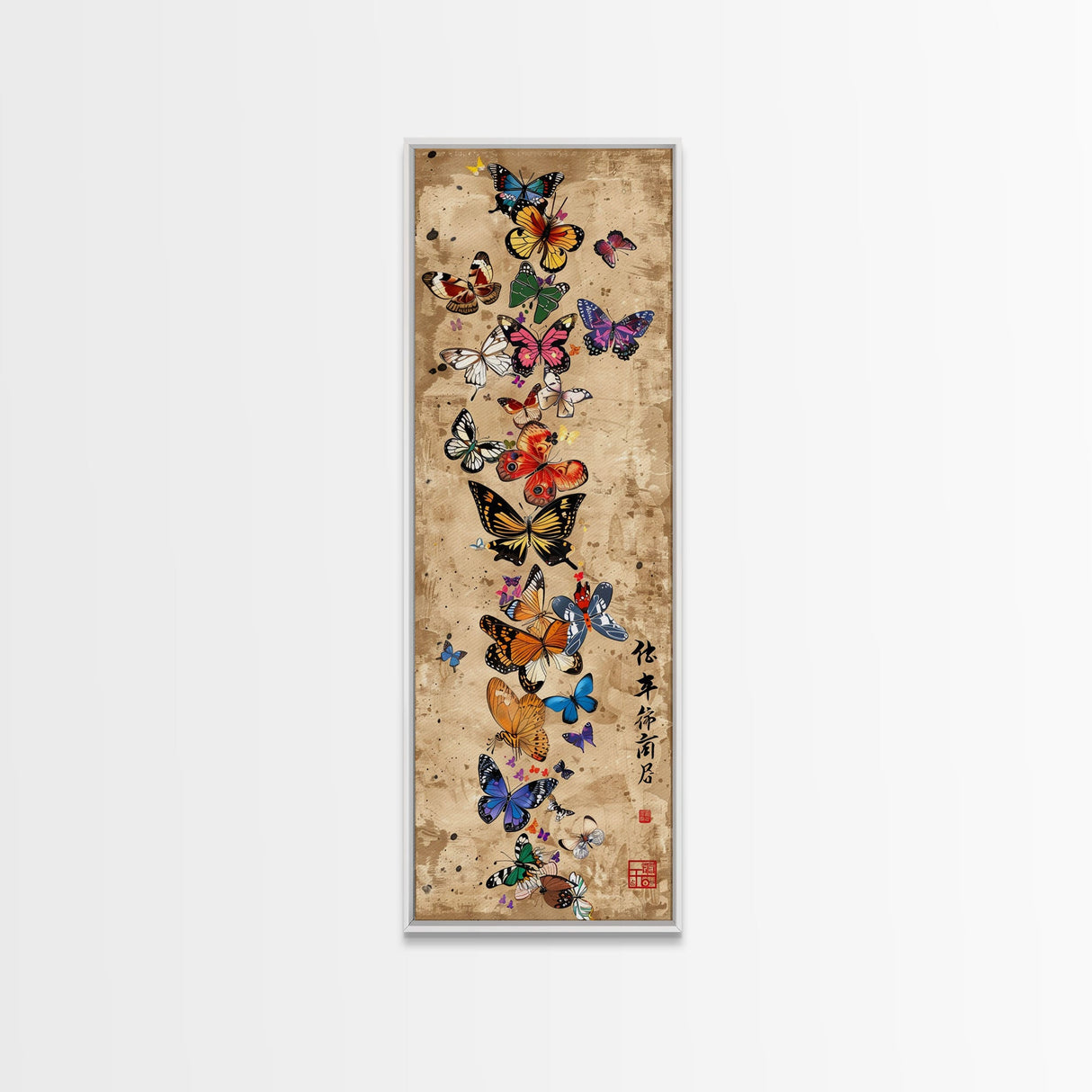 Butterflies In Spiral Formation On Light Brown Canvas Tall Art Skinny Art Framed Canvas Print Japanese Style Art Ukiyo-e Wood Block Print