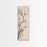 Minimalist Japanese Tree Branch With Red Berries, Ukiyo-e Woodblock Style Canvas, Framed Canvas Print, Japanese Tall Skinny Wall Art, Ready To Hang
