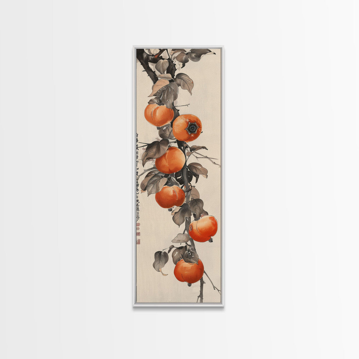 Bountiful Persimmons On Tree Branch Skinny Art Tall Art Framed Canvas Print Japanese Style Art Ukiyo-e Art Wood Block Print Seasonal Natural