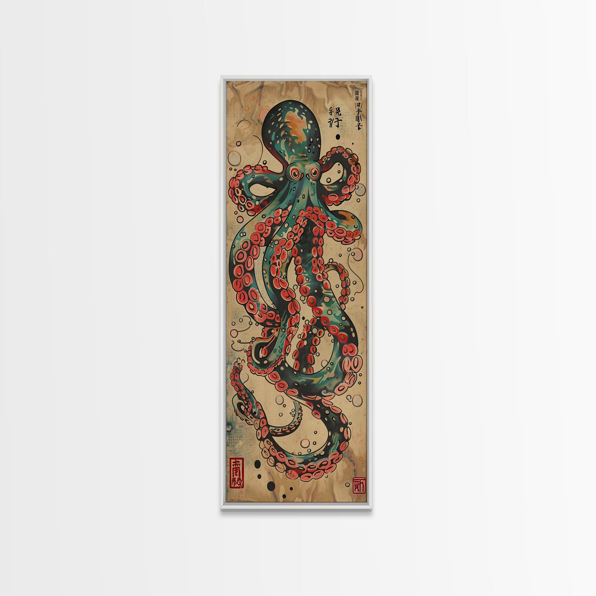 Vintage Canvas Print With Vibrant Octopus Design Ukiyo-e Wall Art Wood Block Print Tall Art Japanese Style Skinny Art