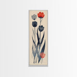 Minimalist Tulips In Red And Gray On Beige Background Framed Canvas Print Ukiyo-e Art Wood Block Print Japanese Style Skinny Art Tall Art