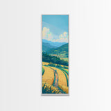 Scenic Countryside Pathway with Fields and Mountains, Skinny Framed Canvas Print for Wall Decor