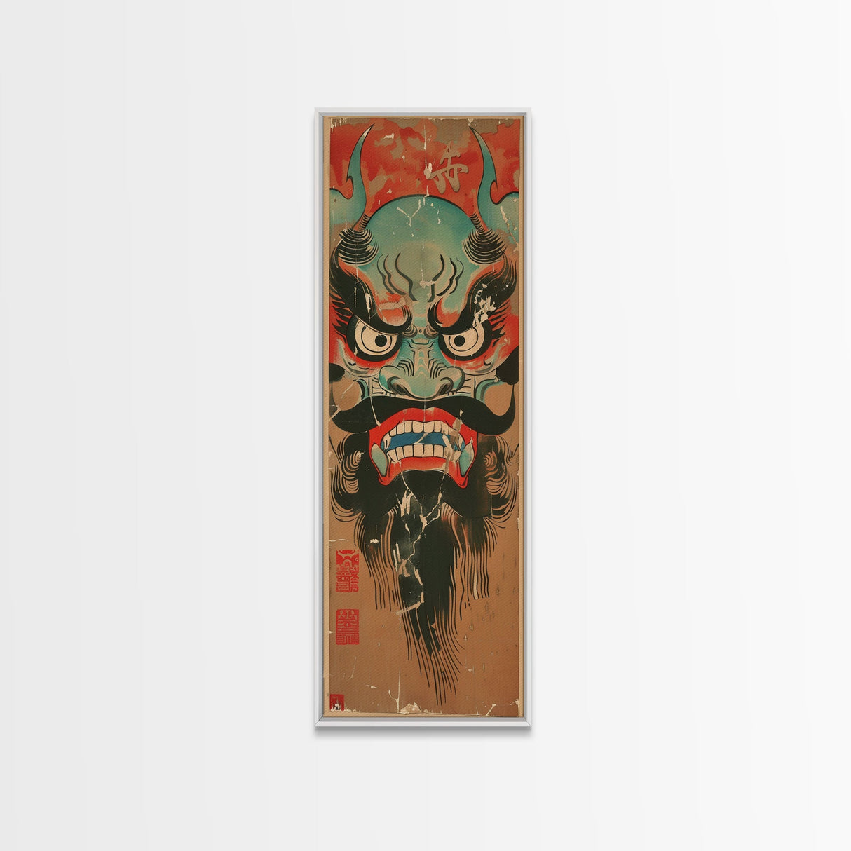 Traditional Japanese Demon Mask Art In Ukiyo-e Style Framed Canvas Print Tall Skinny Cultural Wood Block Wall Decor