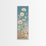White Daisies Blossoms Japanese Tall Wall Art Blue Background Skinny Framed Canvas Print Ukiyo-e Style
