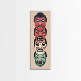 Bold Striking Japanese Kabuki Masks Vibrant Colors Depicted Traditional Style Tall Framed Canvas Print Cultural Home Decor