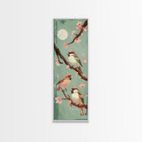 Delicate Sparrows Perched On Cherry Blossoms Under Full Moon Serene Nighttime Setting Captured Tall Framed Canvas Print Nature Scene