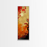 Dramatic Red Autumn Leaves Against Golden Sky Depicted Japanese Style Tall Framed Canvas Print Seasonal Wall Art