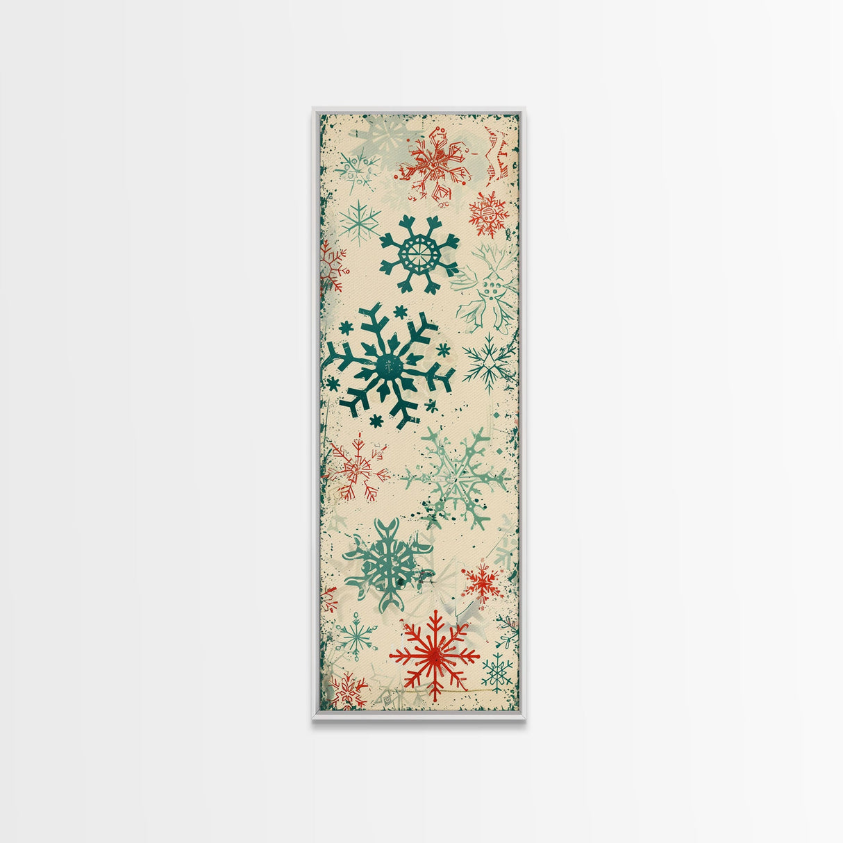 Snowflakes in Varied Sizes and Shapes Scattered on a Beige Canvas with a Distressed Texture Ukiyo-e Art Japanese Framed Canvas Print Skinny Tall Art