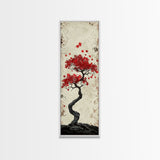 Red Maple Bonsai Tree Japanese Art Skinny Wall Art Framed Canvas Print with Windswept Branches and Red Leaves