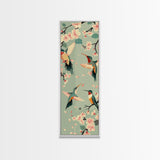 Hummingbirds And Cherry Blossoms In Japanese Style Canvas, Ukiyo-e Inspired Woodblock Art, Framed Canvas Print, Japanese Tall Skinny Wall Art, Ready To Hang
