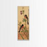 Tall Art, Skinny Art, Japanese Style Art, Birds On Branches Wood Block Print Framed Canvas Print Ukiyo-e Art