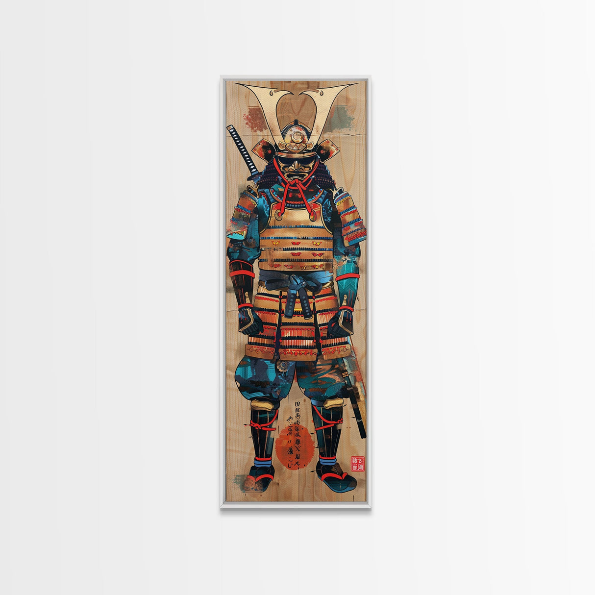 Skinny Art, Tall Art, Samurai Armor Wood Block Print Framed Canvas Print Japanese Style Art Ukiyo-e Art