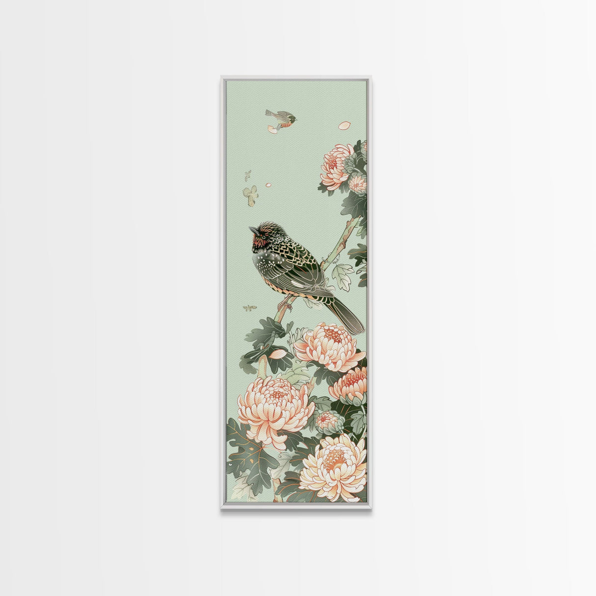 Japanese Style Art, Skinny Art, Tall Art, Birds And Chrysanthemums Wood Block Print Framed Canvas Print Ukiyo-e Art