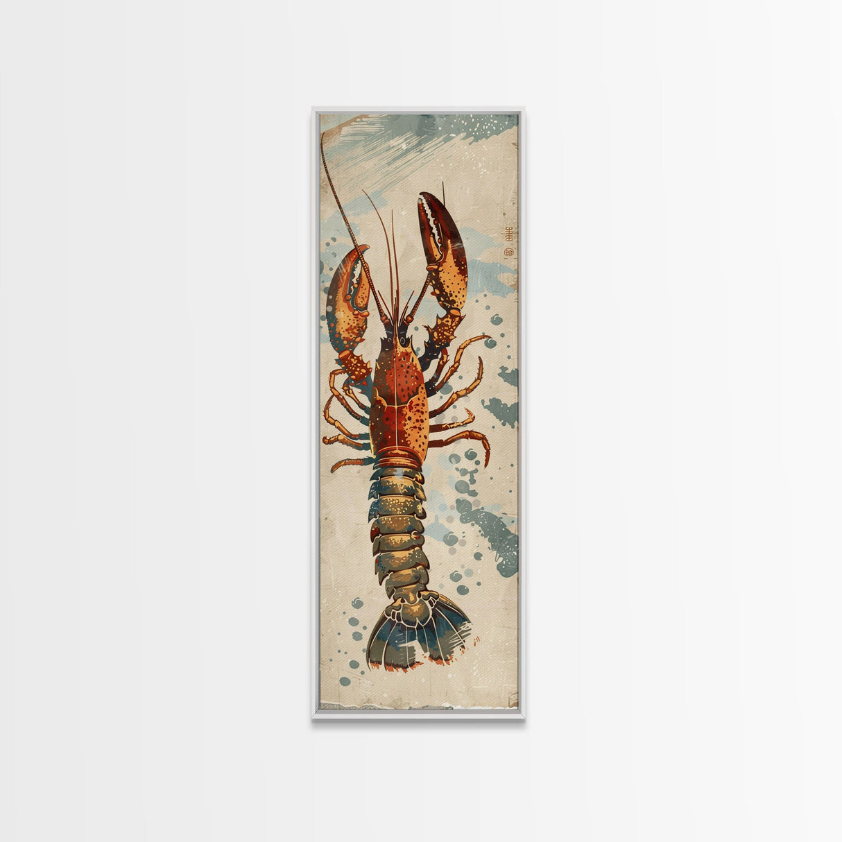 Ukiyo-e Art Of A Boldly Colored Lobster With Intricate Details, Skinny Art, Tall Art, Japanese Style Art, Framed Canvas Print, Wood Block Print