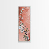 Skinny Art Tall Art Cherry Blossoms Wood Block Print Japanese Style Art With Delicate Branches On Soft Pink Background Framed Canvas Print
