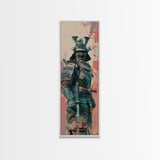 Skinny Art Tall Art Samurai Armor Wood Block Print Japanese Style Art Featuring Fierce Warrior In Full Battle Gear Framed Canvas Print