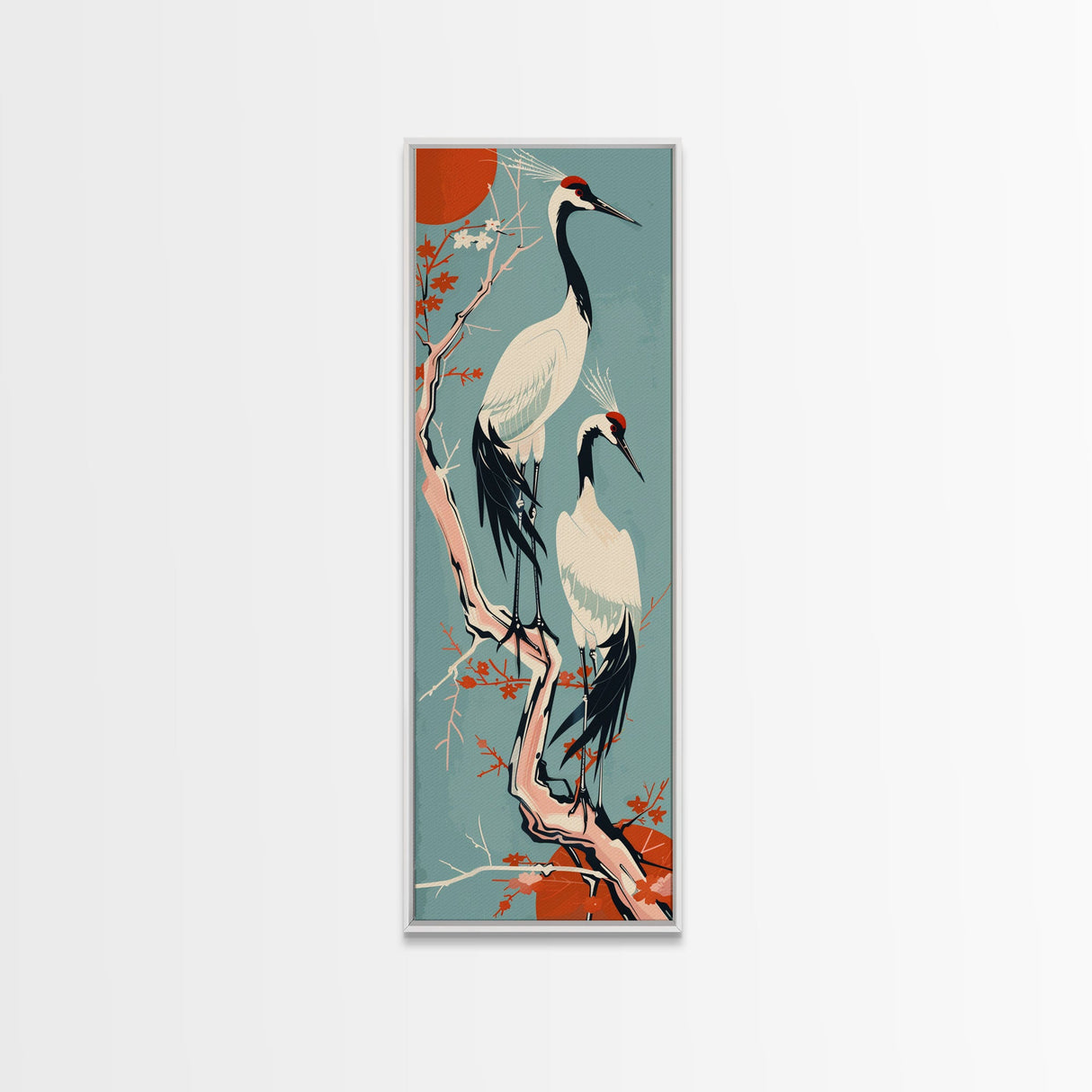 Pair Of Cranes Perched On Branch Against Orange Sun Background Skinny Art Wood Block Print Framed Canvas Print