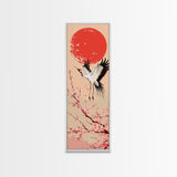Elegant Crane Bird In Mid-flight Against Bold Red Sun Ukiyo-e Tall Skinny Wood Block Framed Canvas Print Japanese Style Art