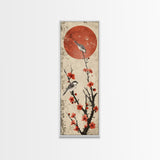 Delicate Birds Perched On Blooming Branch With Red Sun For Traditional Japanese Wall Art Decor Ukiyo-e Style Framed Canvas Print
