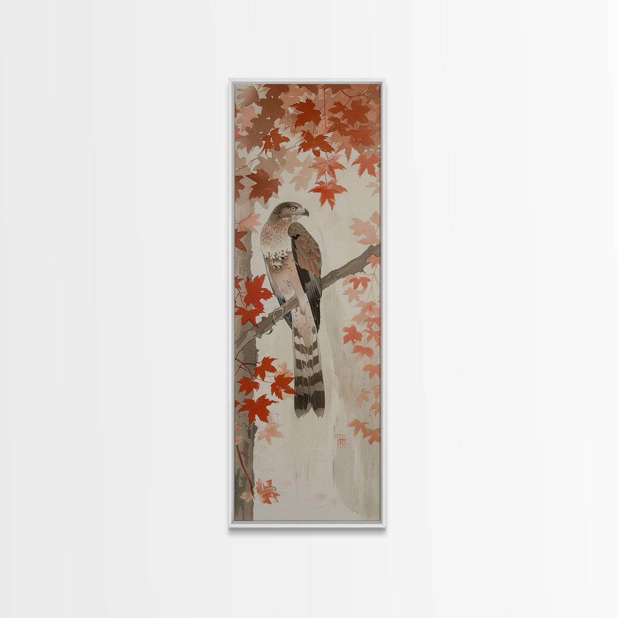 Majestic Hawk Perched Among Autumn Leaves, Framed Canvas Print In Skinny Tall Style, Japanese Style Art For Feng Shui Wall Art