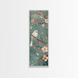 White Bird Perched On A Branch With Blossoms – Framed Canvas Print Combining Skinny Art And Tall Art Inspired By Ukiyo-E Art And Japanese Style Art