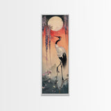 Japanese Crane With Moon And Wisteria - Skinny Art Tall Art Framed Canvas Print Japanese Style Art Ukiyo-e Art