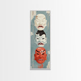 Japanese Masks In A Vertical Display - Skinny Art Tall Art Framed Canvas Print Japanese Style Art Ukiyo-e Art