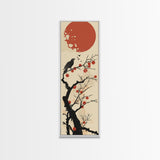 Blackbird Perched On A Branch Under The Red Sun In Japanese Style Ukiyo-e Art Framed Canvas Print Skinny Art Tall Art