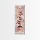 Tall Skinny Art Japanese Style Wood Block Print Potted Bonsai Tree On A Textured Background In Ukiyo-e Style For Framed Canvas Print