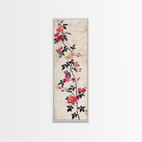 Pink Bougainvillea Vines On White Background Skinny Art Wood Block Print Japanese Style Art Framed Canvas Print Tall Art Ukiyo-e Art