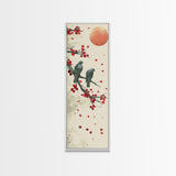 Two Pigeons On Branch With Red Leaves Skinny Art Wood Block Print Japanese Style Art Framed Canvas Print Tall Art Ukiyo-e Art