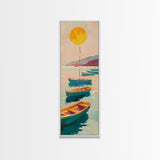 Rowboats And Golden Sun On Calm Water Skinny Art Wood Block Print Japanese Style Art Framed Canvas Print Tall Art Ukiyo-e Art