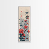 Hummingbird and Red Flowers Skinny Art Tall Art Japanese Ukiyo-e Inspired Nature Framed Canvas Print for Vibrant Interiors