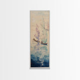 Sailboats On Calm Sea Canvas In Japanese Ukiyo-e Style, Traditional Woodblock Print, Framed Canvas Print, Tall Skinny Japanese Wall Art, Ready To Hang