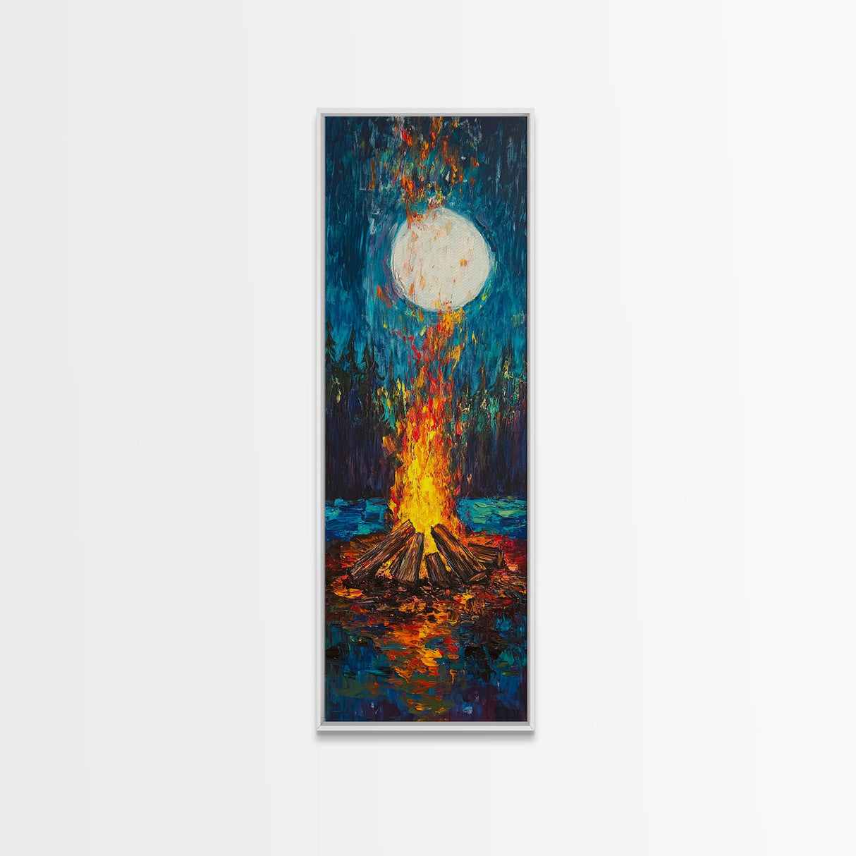 Moonlit Campfire Framed Canvas Print moody art mountain painting above couch art rustic wall art tall narrow art
