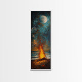 Moonlit Bonfire Canvas Print Rustic Wall Art Coastal Landscape Art Above Sofa Art Tall Narrow Art Nautical Decor Moody Art