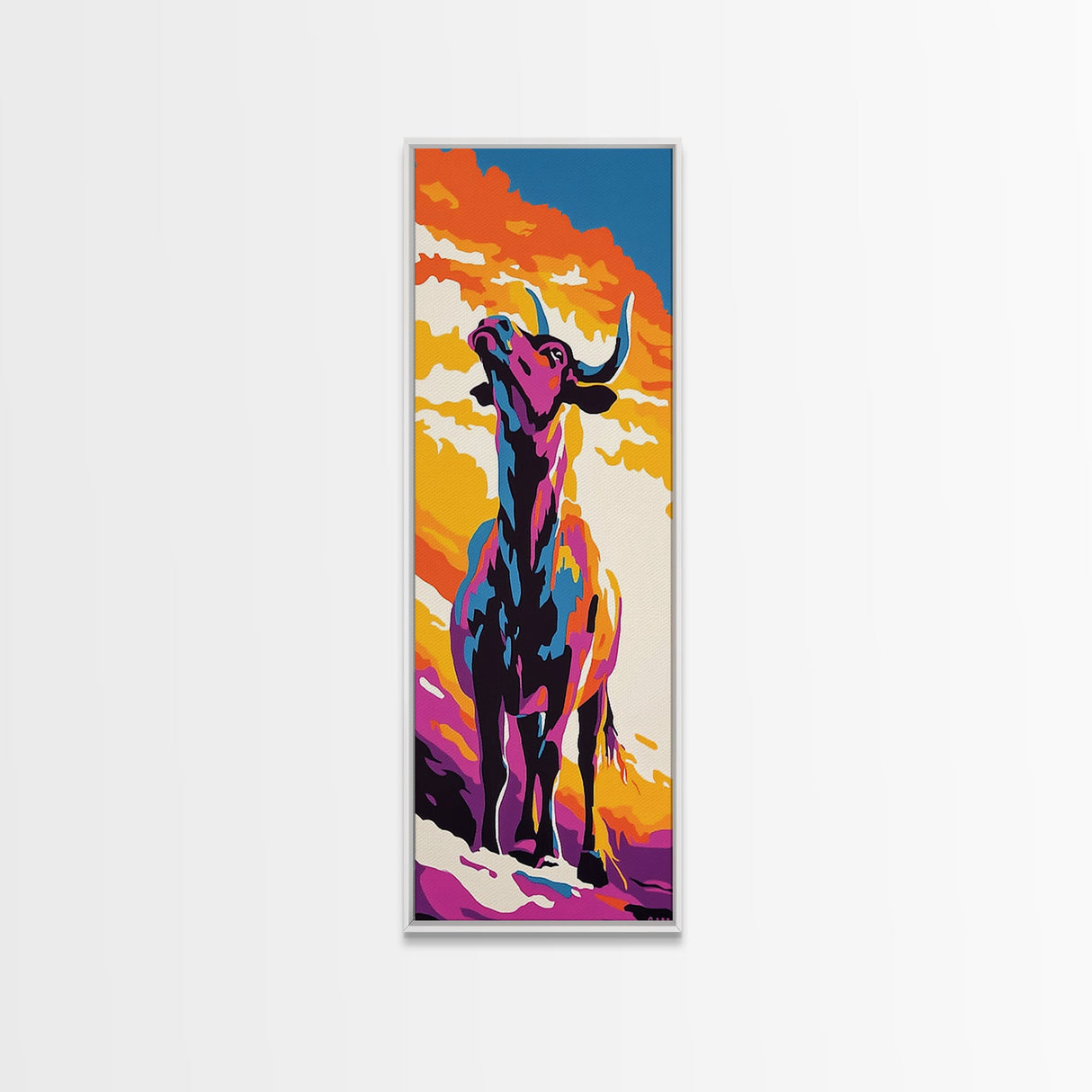 Vibrant Bull Art Framed Canvas Print Colorful Southwest Wall Art, Blotter Art, Chicano Art, Moody Art, Gift Idea, Above Sofa Art