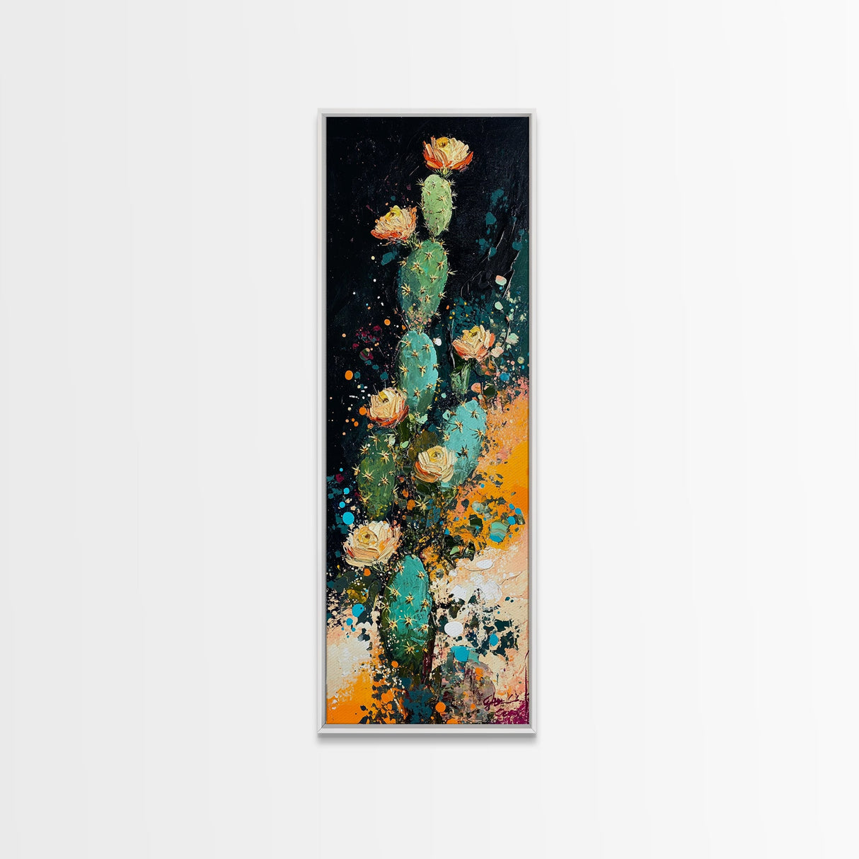 Desert Cactus Bloom Framed Canvas Print Southwest Wall Art Tall Narrow Art Rustic Decor Wildflower Painting