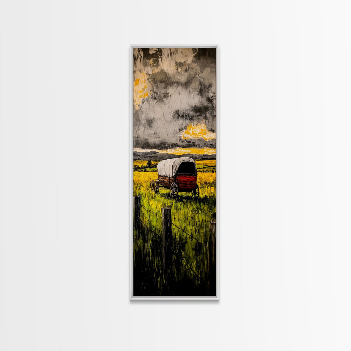 Scenic Prairie Wagon Art Framed Canvas Print, Rustic Decor, Farmhouse Art, Moody Art, Above Couch Art, Extra Wide Art